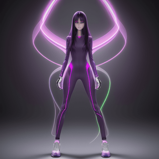 AI generated: High resolution photography, neon colors, HDR  full body, one girl, slender face, long dark purple h...