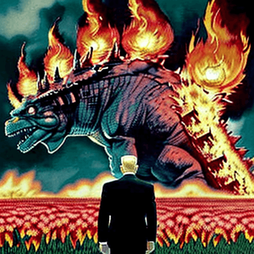 AI generated: A vintage photo shows a giant president bidenzilla breathing flames all over America as citizens fle...