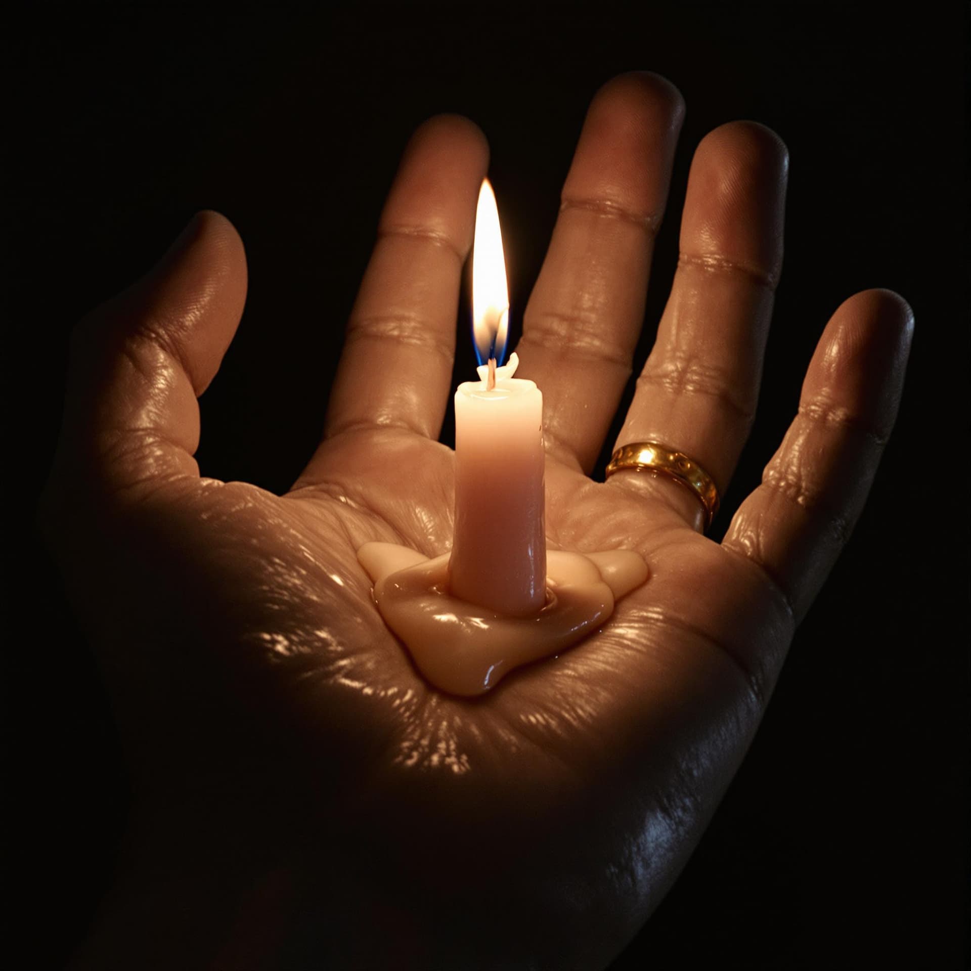 AI generated: The image depicts a hand holding a lit candle, with wax dripping down the fingers. The candle is the...