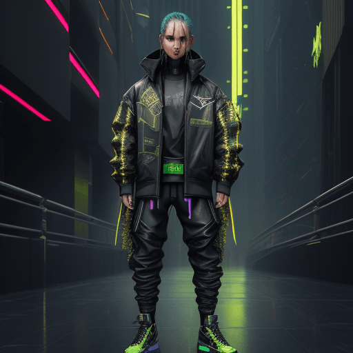 AI generated: cyberpunk techwear streetwear look and clothes, we can see them from feet to head, highly detailed a...