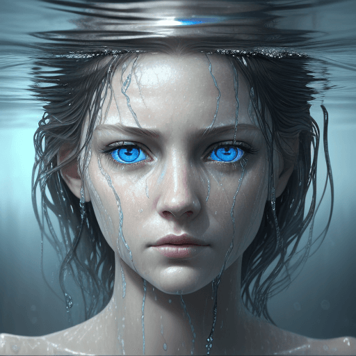 AI generated: the face of woman with beautiful blue eyes, in water, in the style of dystopian realism, realistic p...