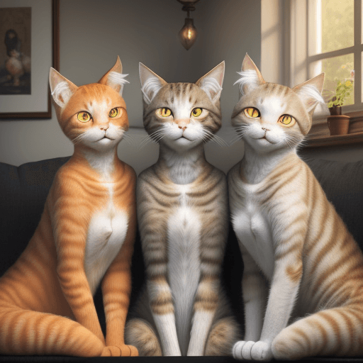 AI generated: Three cats, one light orange shorthaired, devoid of stripes, one black shorthaired, and one grey lon...