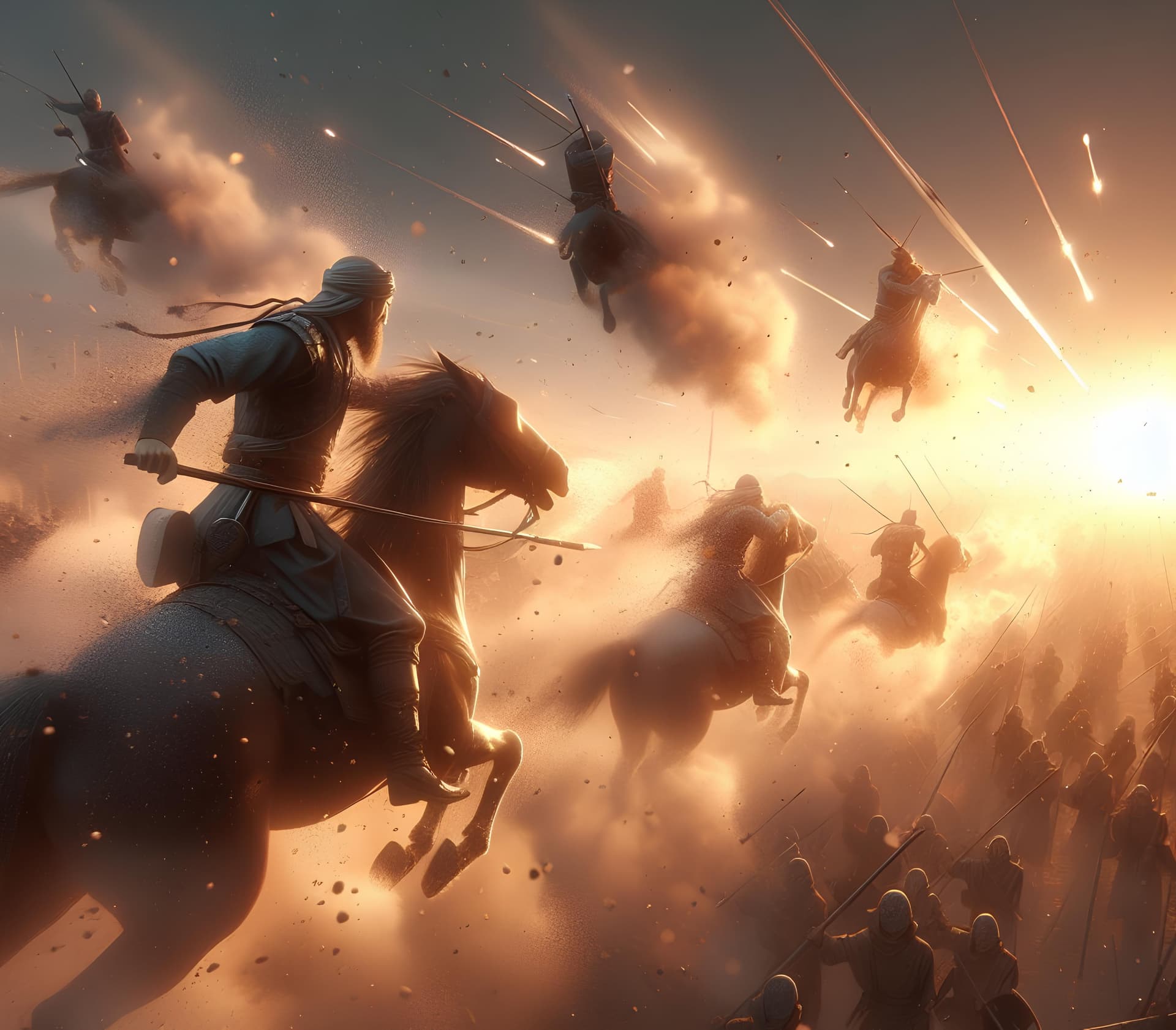 AI generated: a hyper-realistic 3D scene featuring messengers in action at sunrise. Use striking visual effects to...