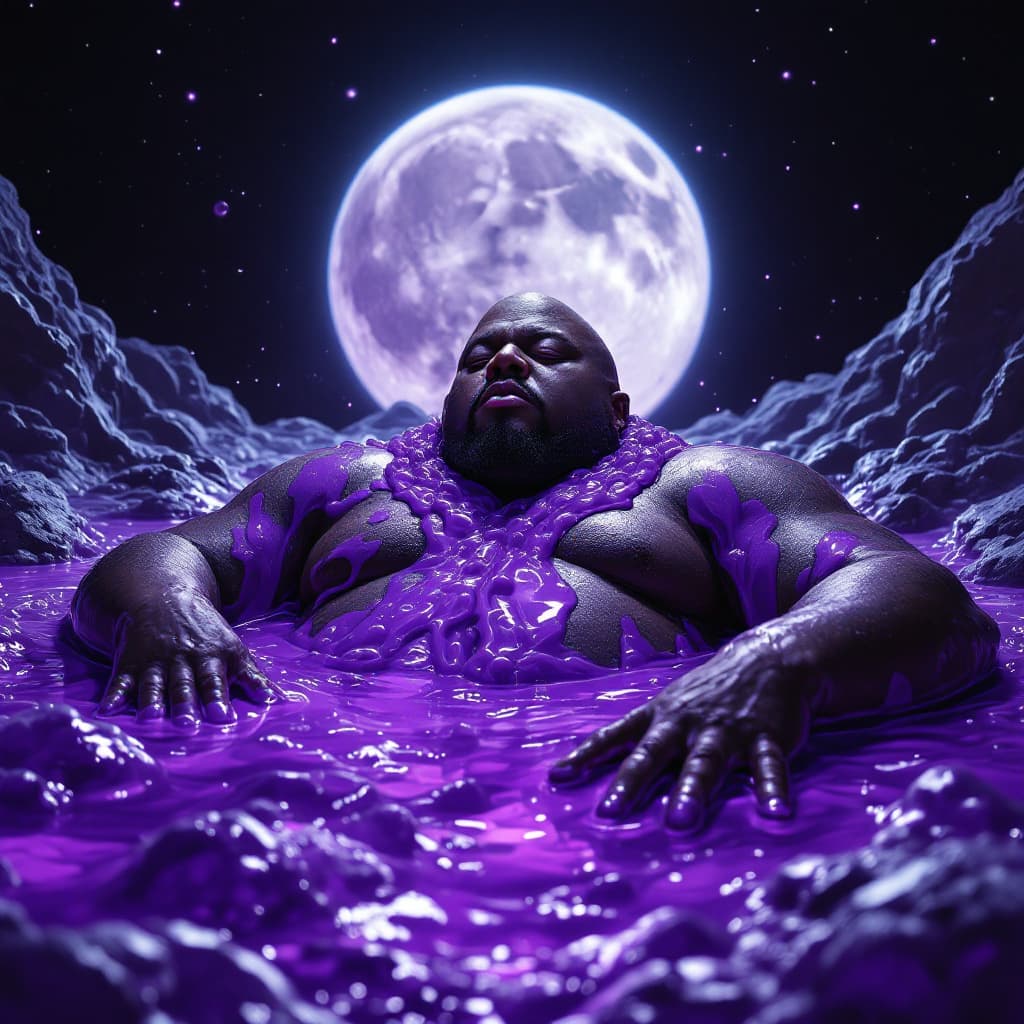 AI generated: dave blunts a big very very fat bald black rapper with no facial hair bathing in 1000 cups of purple...