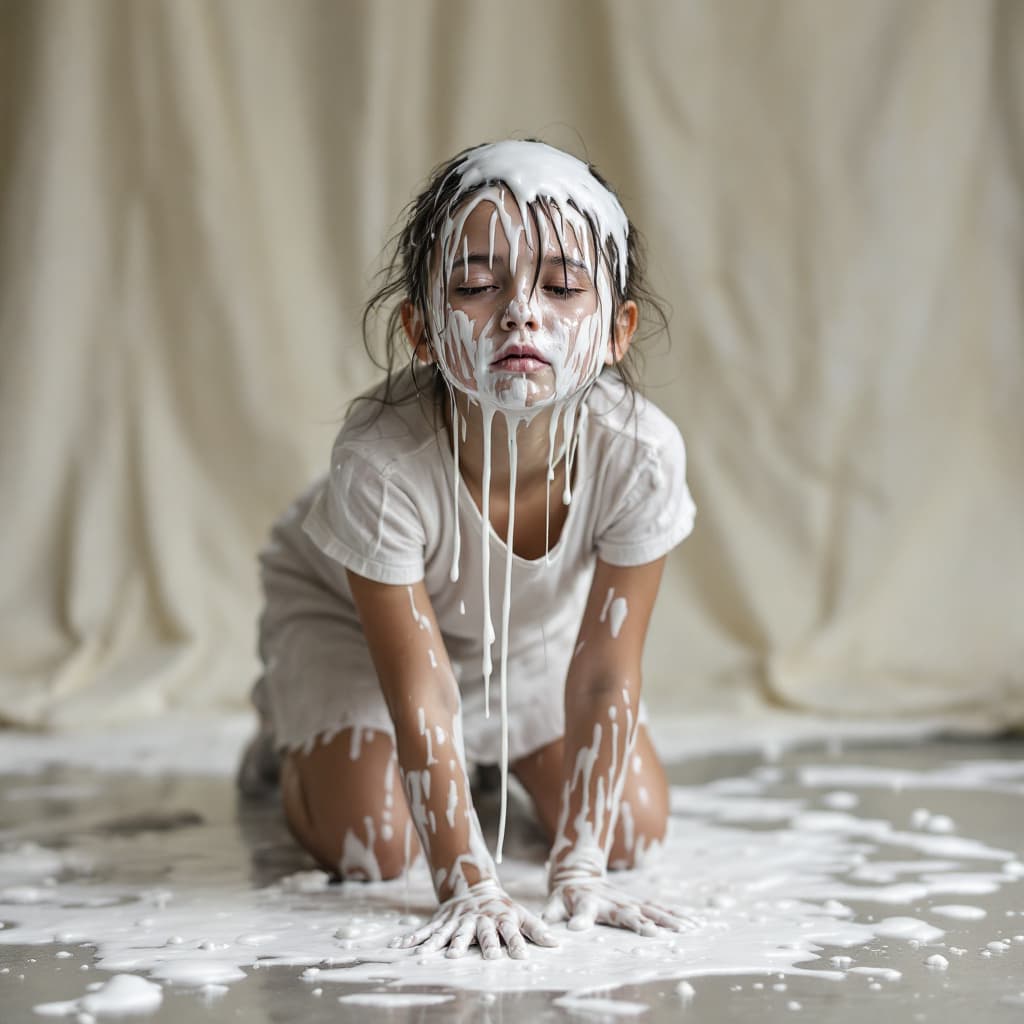 AI generated: Girl, face dripping with watery white icing, kneeling