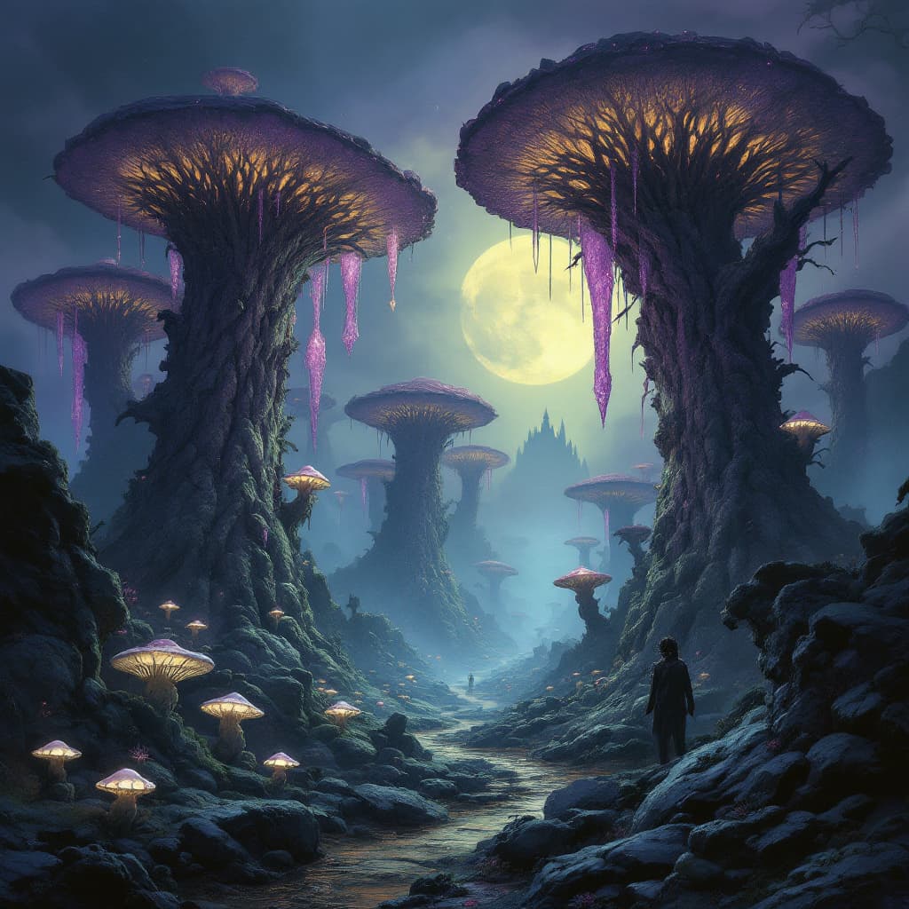 AI generated: Fantasy petrified forest, stone trees resembling giants, glowing mushrooms, hanging crystals, moonli...
