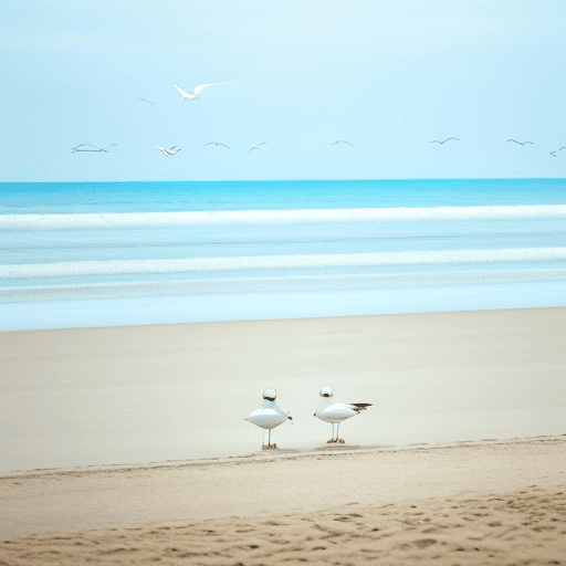 AI generated: clear sand beach, no people, no objects, sea, sky. two seagulls on the beach. on seagull watching th...