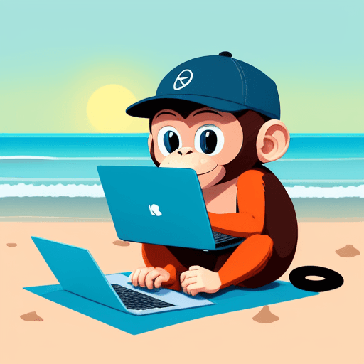 AI generated: 
illustration, monkey on a laptop with a cap, on the beach, coding ai apps, vector, bright colors