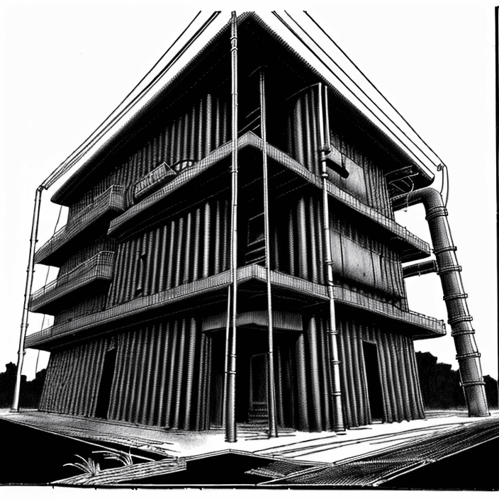 AI generated: old black and white manga style drawing of a sinister industrial structure, inspired in tsutomu nihe...