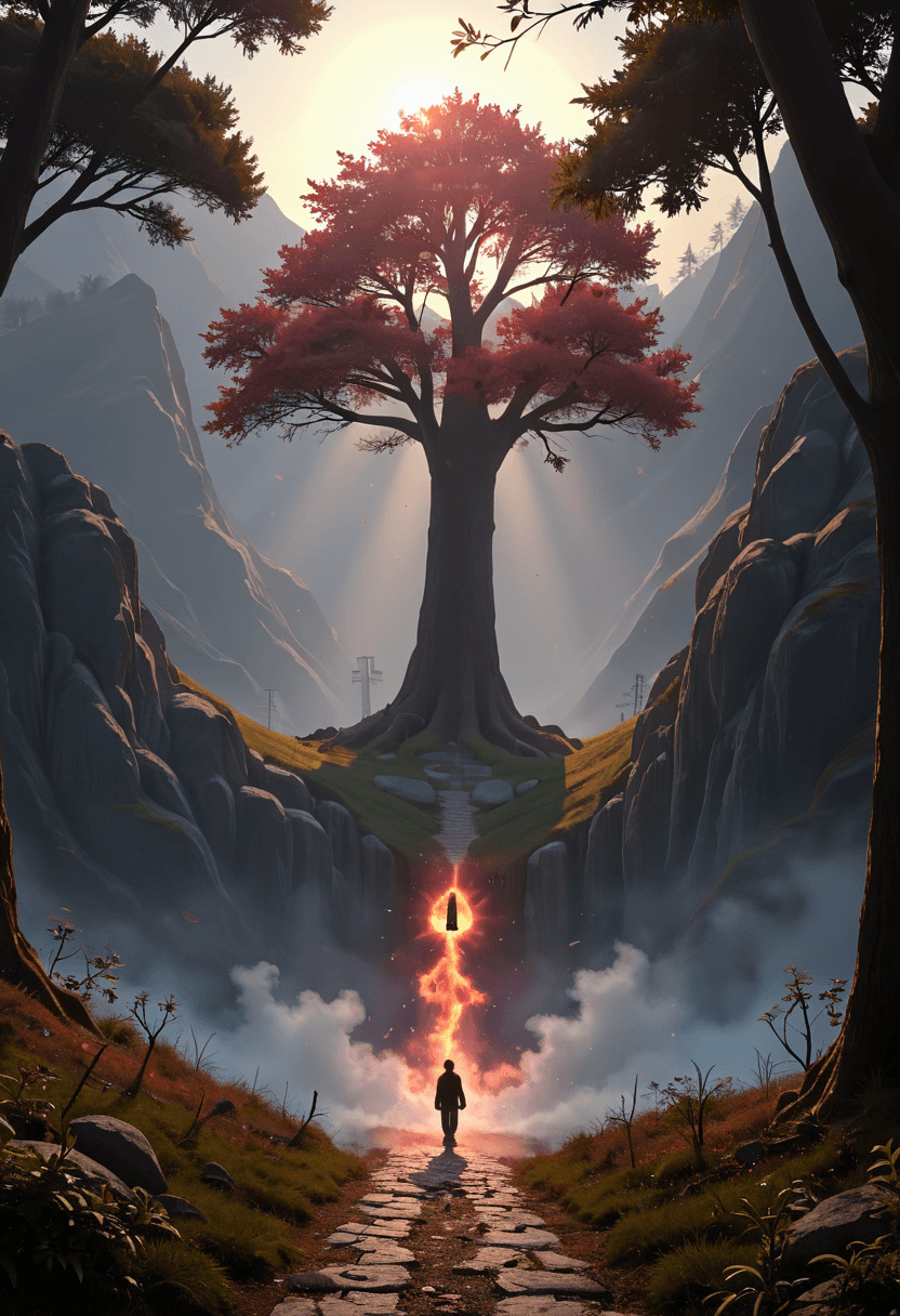 AI generated: anime artwork A dense, fog-enshrouded valley where ancient, tree-like organisms rise from the ground...
