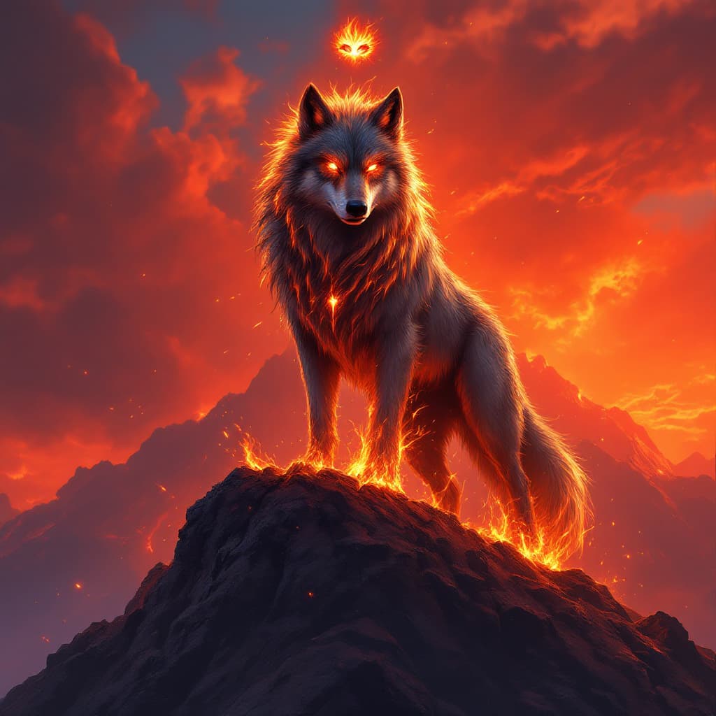 AI generated: A fierce and noble wolf standing atop a volcanic cliff, its eyes blazing with eternal fire. Flames r...