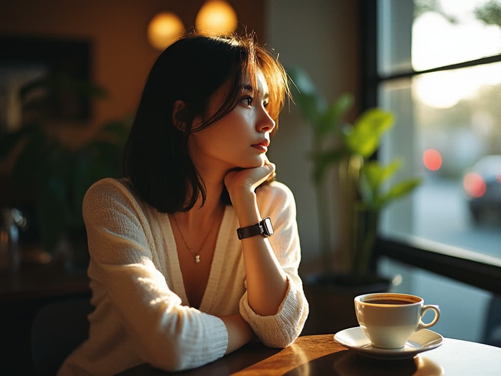 AI generated: A woman is sitting in a café, her expression focused and contemplative. Soft light streams in from t...