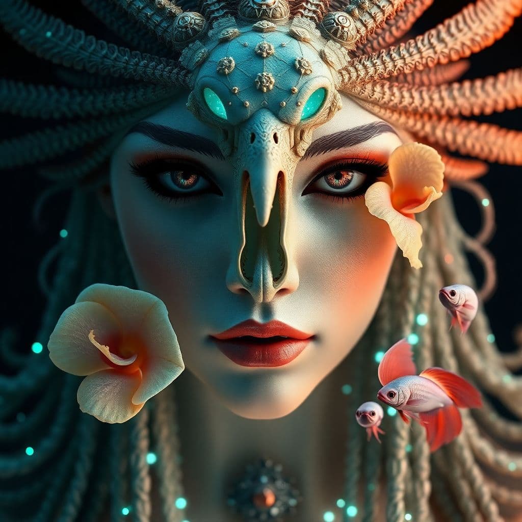 AI generated: Goddess close-up portrait ribcagel. jellyfish phoenix head, nautilus, orchid, skull, betta fish, bio...