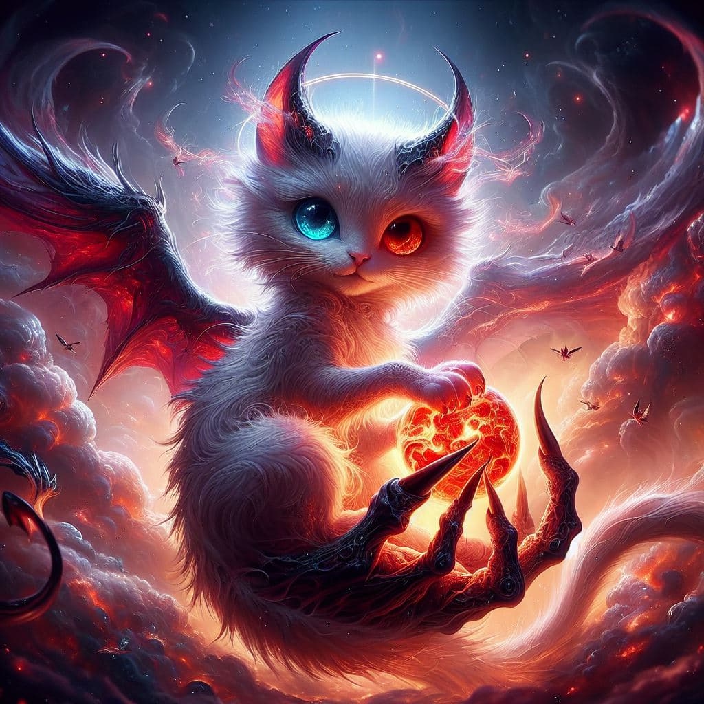 AI generated: An amazing cat creature, incredibly cute appearance with a hellishly evil soul, in the style of good...