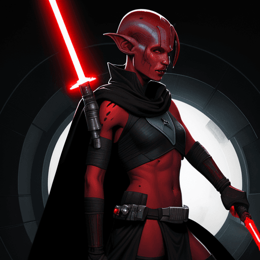 AI generated: Star Wars comic art of a male Twi'lek with red skin and yelloy eyes wearing black caped armor wieldi...