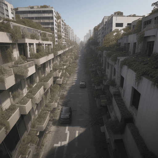AI generated: a dark, full of concrete town is covered by vegetation. The roots of trees and plants crack and brea...