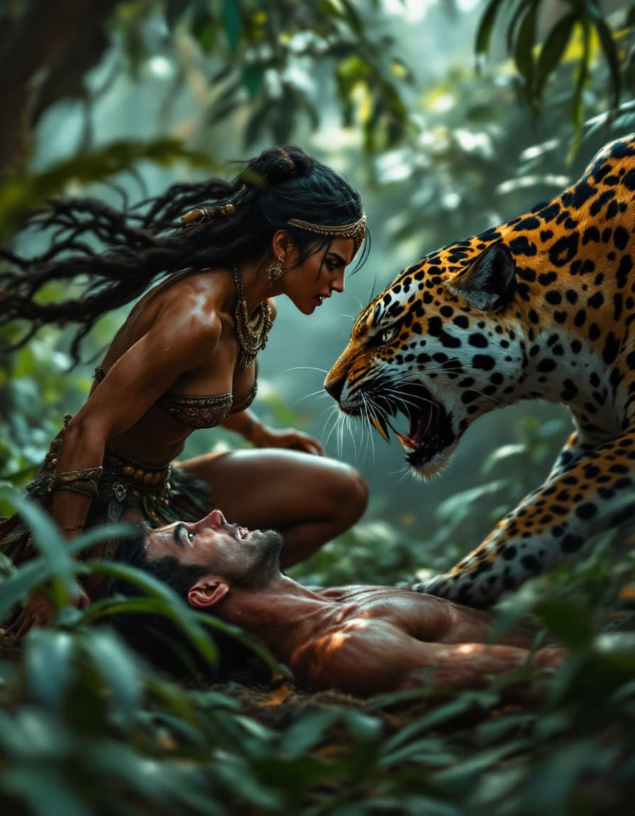 AI generated: (side view, picture) In a lush, overgrown jungle, a fierce (angry expression) and agile warrior-quee...