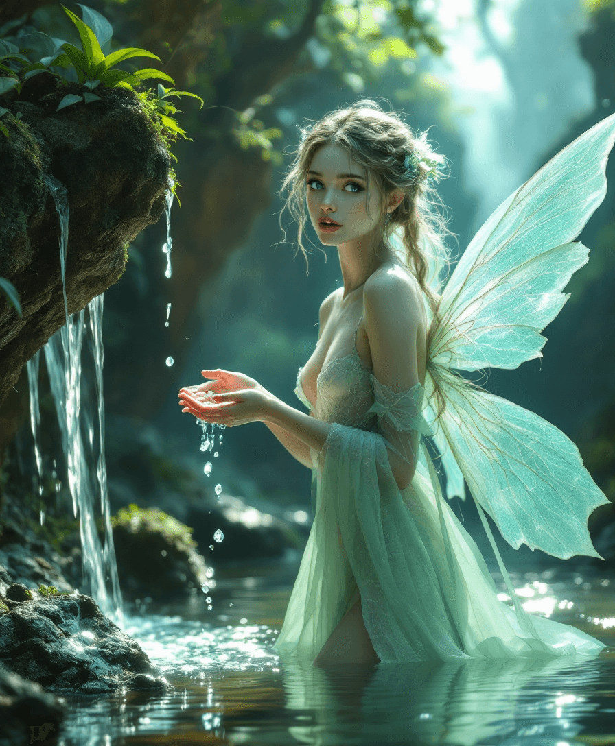 AI generated: A stunning fantasy image of an ethereal fairy princess she is (25-years-old) with glowing sapphire-b...