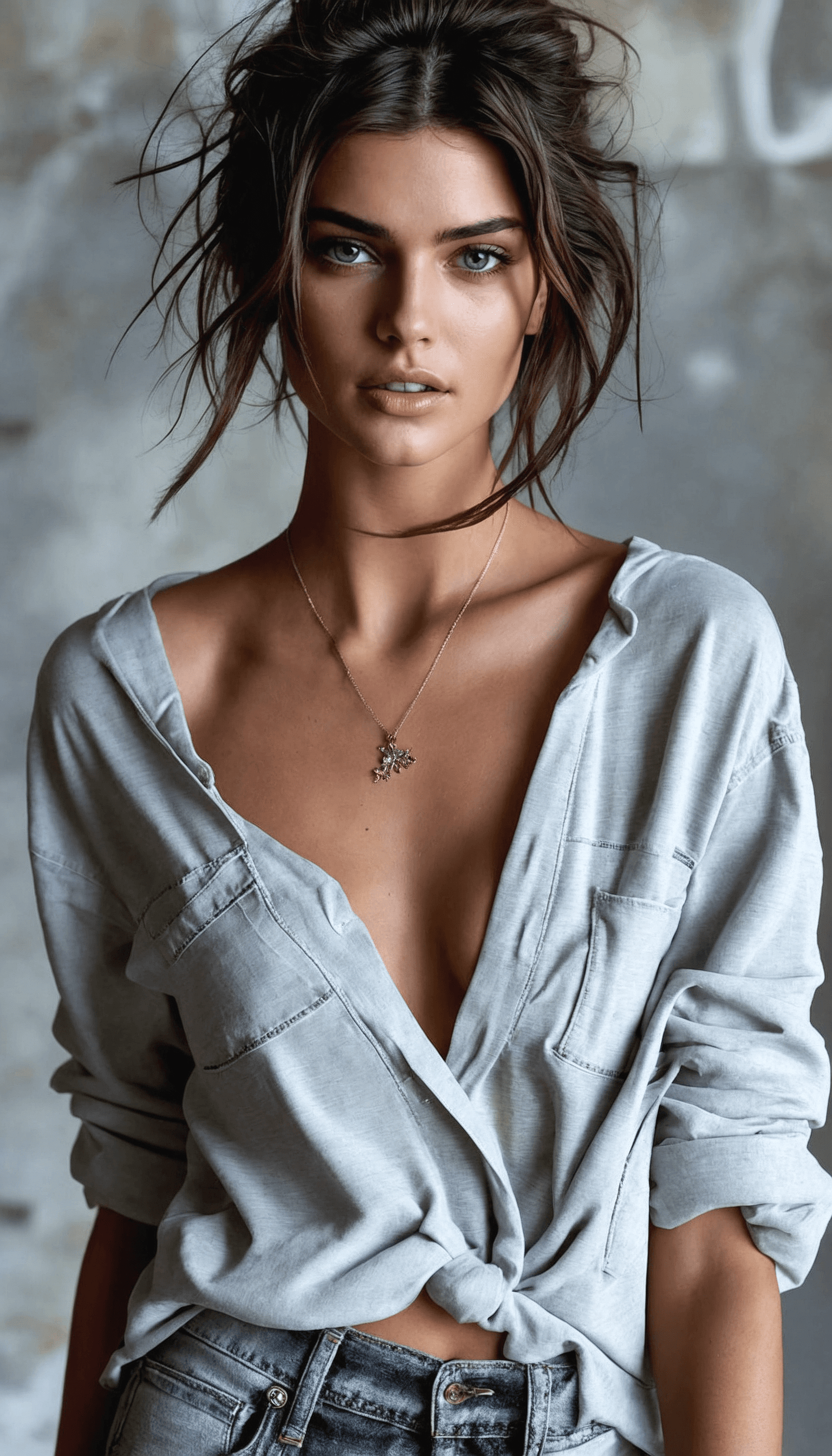AI generated: Full body shot portrait of a beautiful model, blue eyes, light grey casual shirt,  jeans, fashion sh...