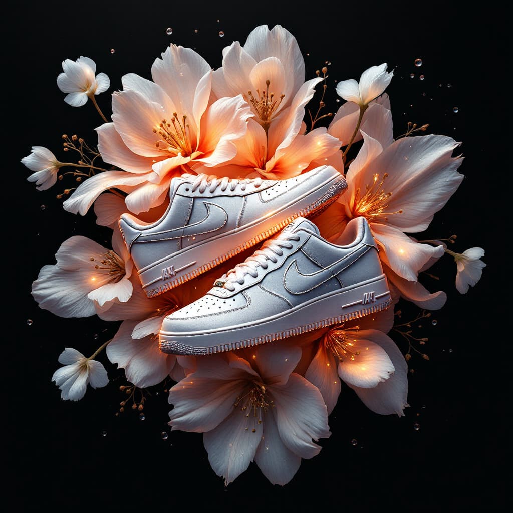 AI generated: An artistic and highly detailed illustration of a pair of Nike sneakers arranged with an almost surr...