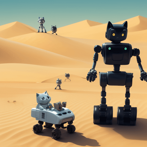 AI generated: a cat and robots walk on dessert