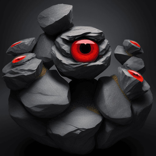AI generated: living rock. red eyes. and 3 lags