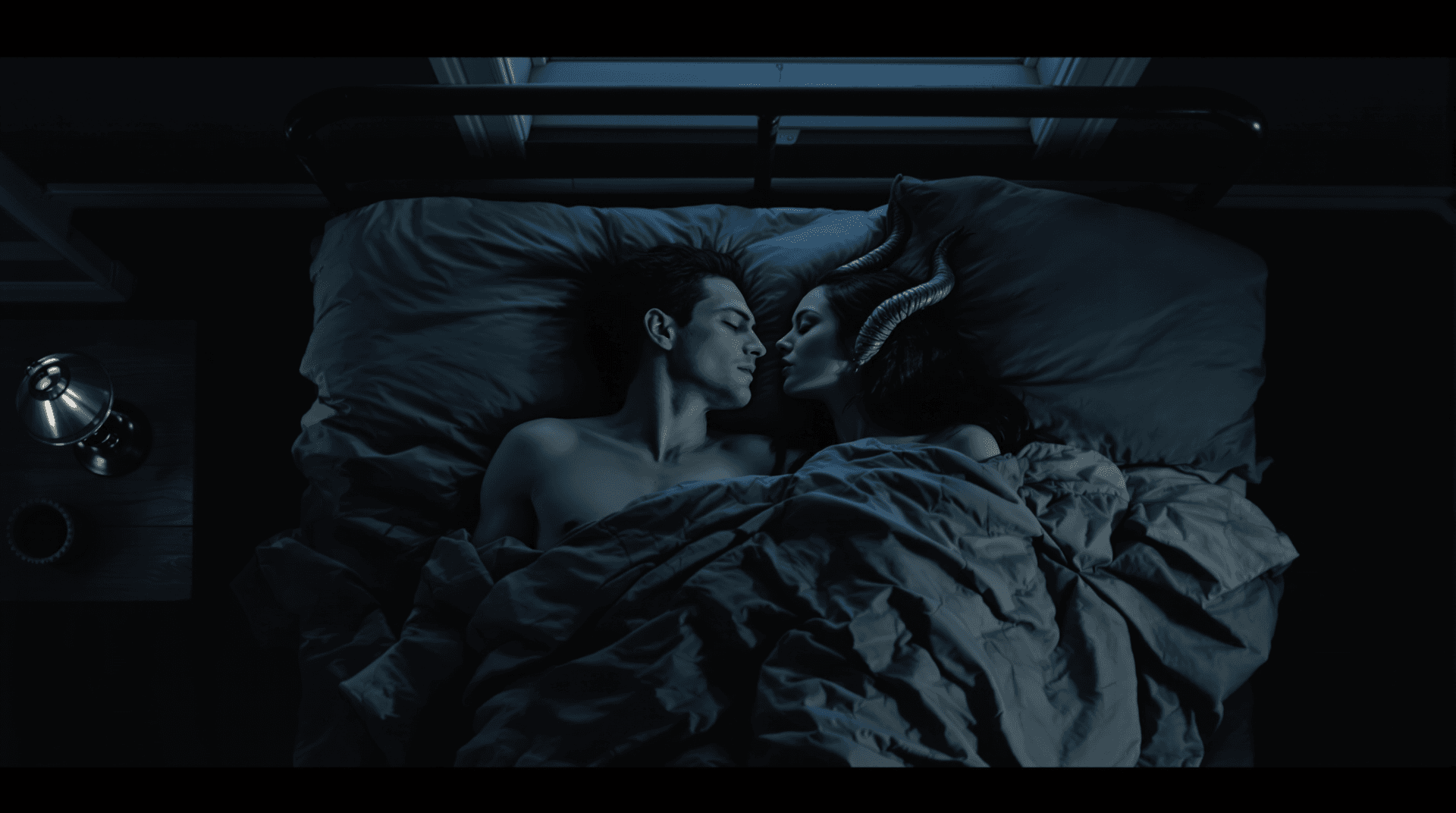 AI generated: Dark Cinematic night scene, horror movie, overhead shot of a man in his mid-30s, wearing no shirt, s...
