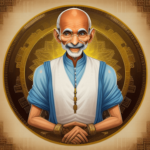 AI generated: Mahatma Gandhi Pixelart cryptopunk style with round glasses and happy smile india folk style with cr...