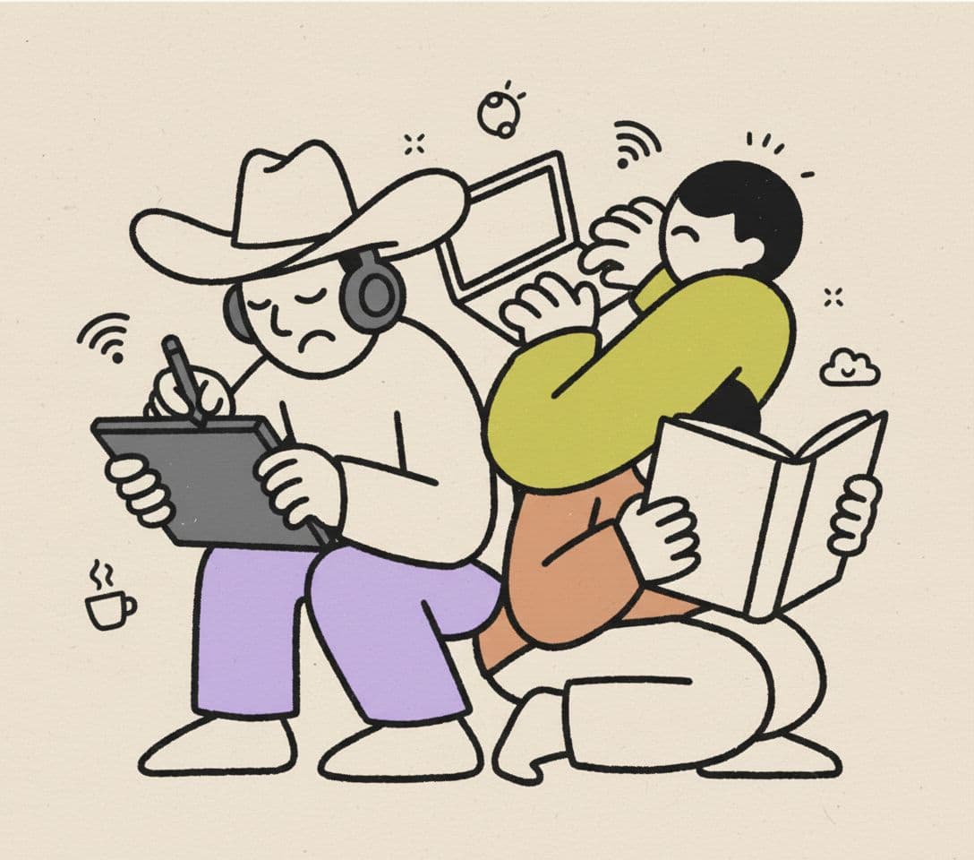 AI generated: create an image of freelancers working using a rough, line, vector, stylized faces. o