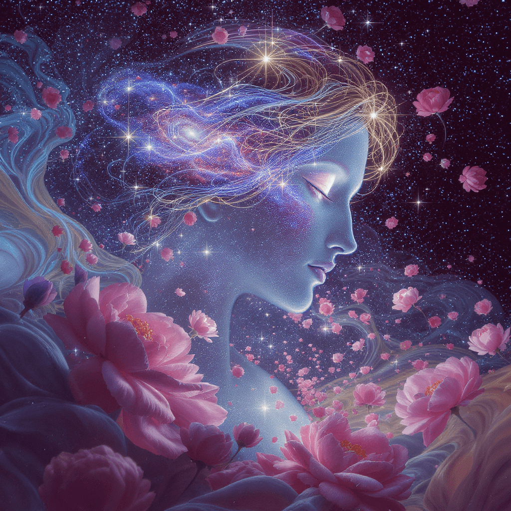 AI generated: Tender holographic colors, Venus Botticelli with galaxy inside out, enigmatic, energetic, long expos...