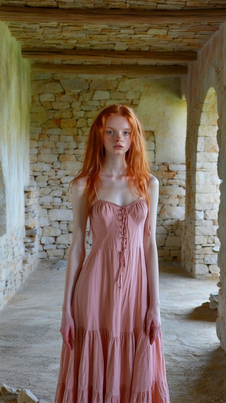 AI generated: Today we feature an artistic act young ladie saustet in the Flor with red hair wearing their Delikat...
