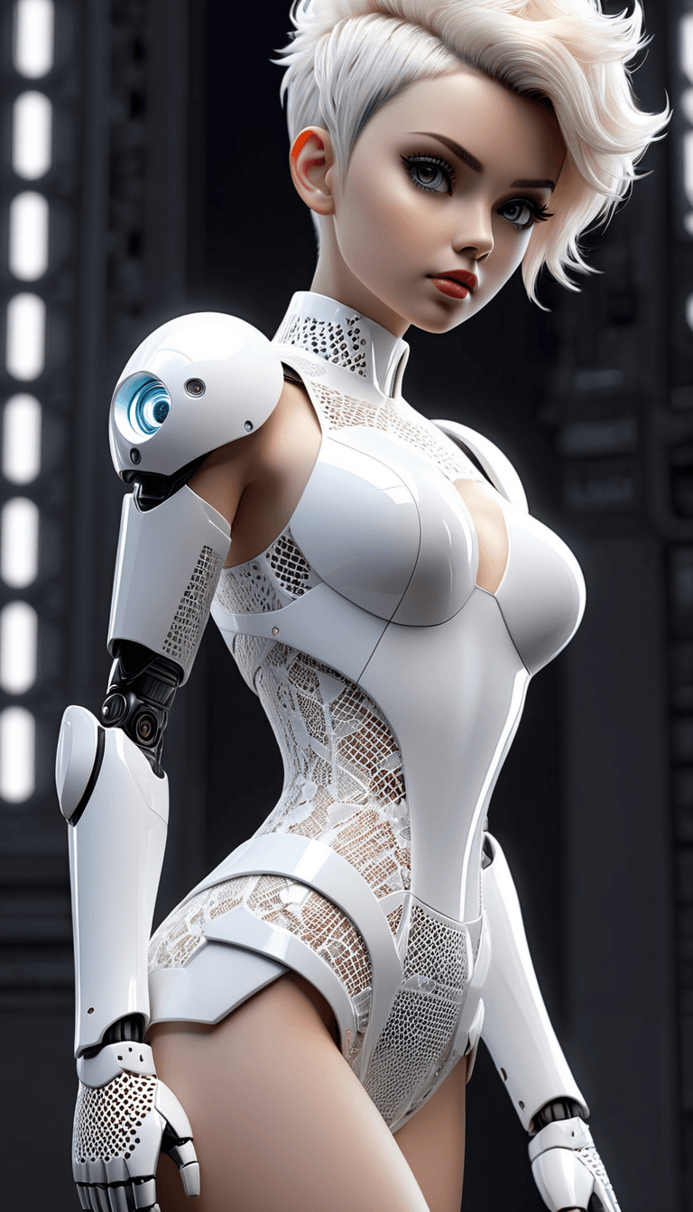 AI generated: nsfw, octane 3d render, full length view of a standing beautiful female robot, intricate white lacy ...