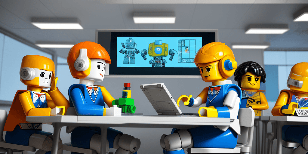 AI generated: in a futuristic classroom ,  kids (LEGO) wearing school uniforms,  working on a tablet computer, doi...
