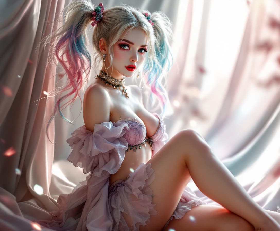 AI generated: A stunning masterpiece showing a Harley Quinn portrayal in a dreamlike and captivating light. She we...