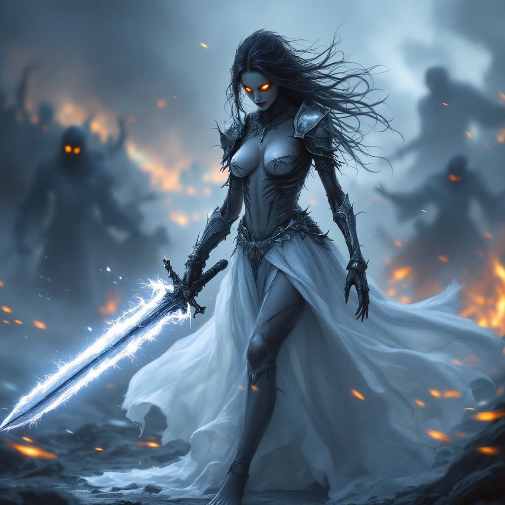 AI generated: in Krenz Cushart style: 1.2, high-quality masterpiece, A ghostly swordswoman, barefoot, full-body vi...