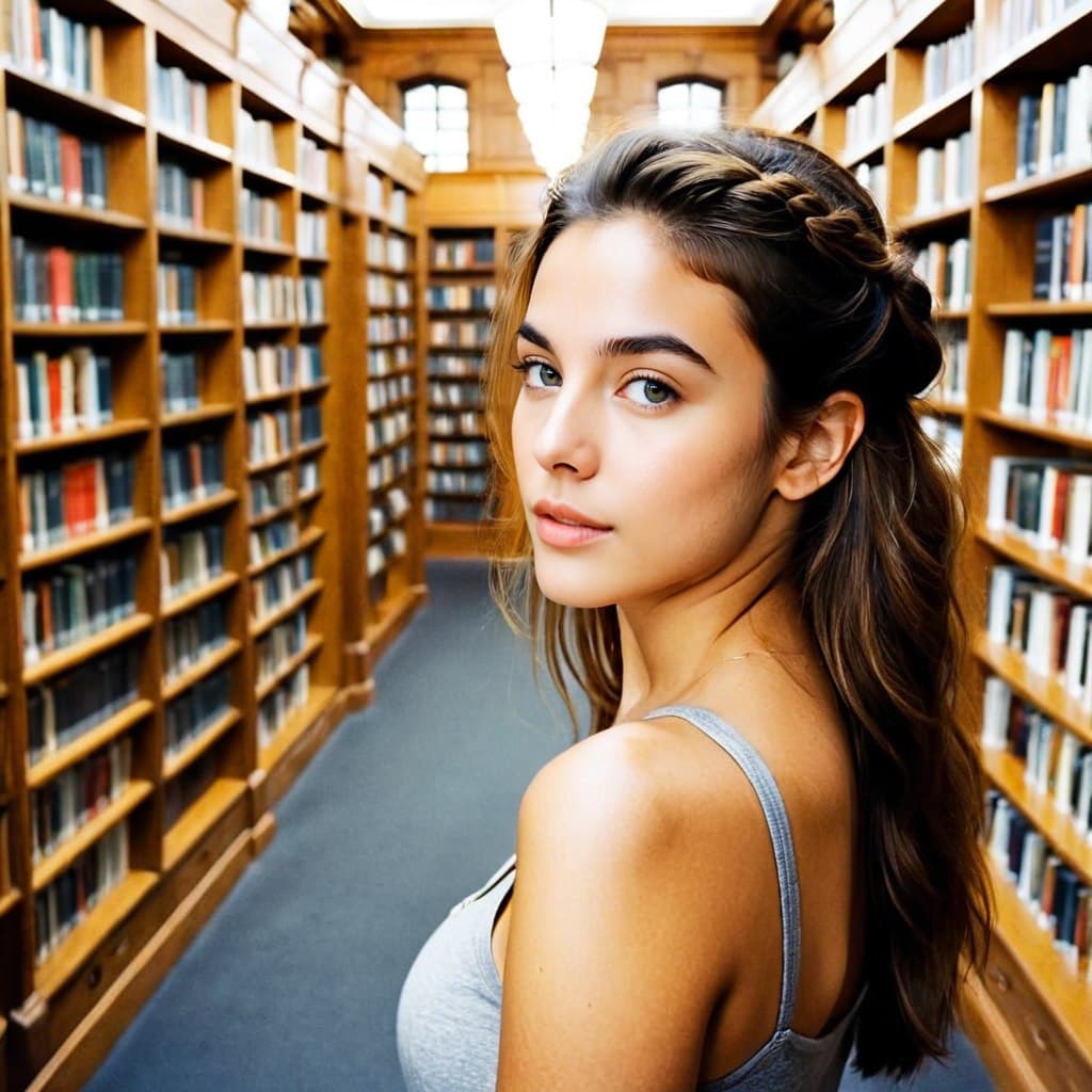 AI generated: A 24-year-old cute girl (historian:1.3), (against the bookstore's history section. In a crowded book...
