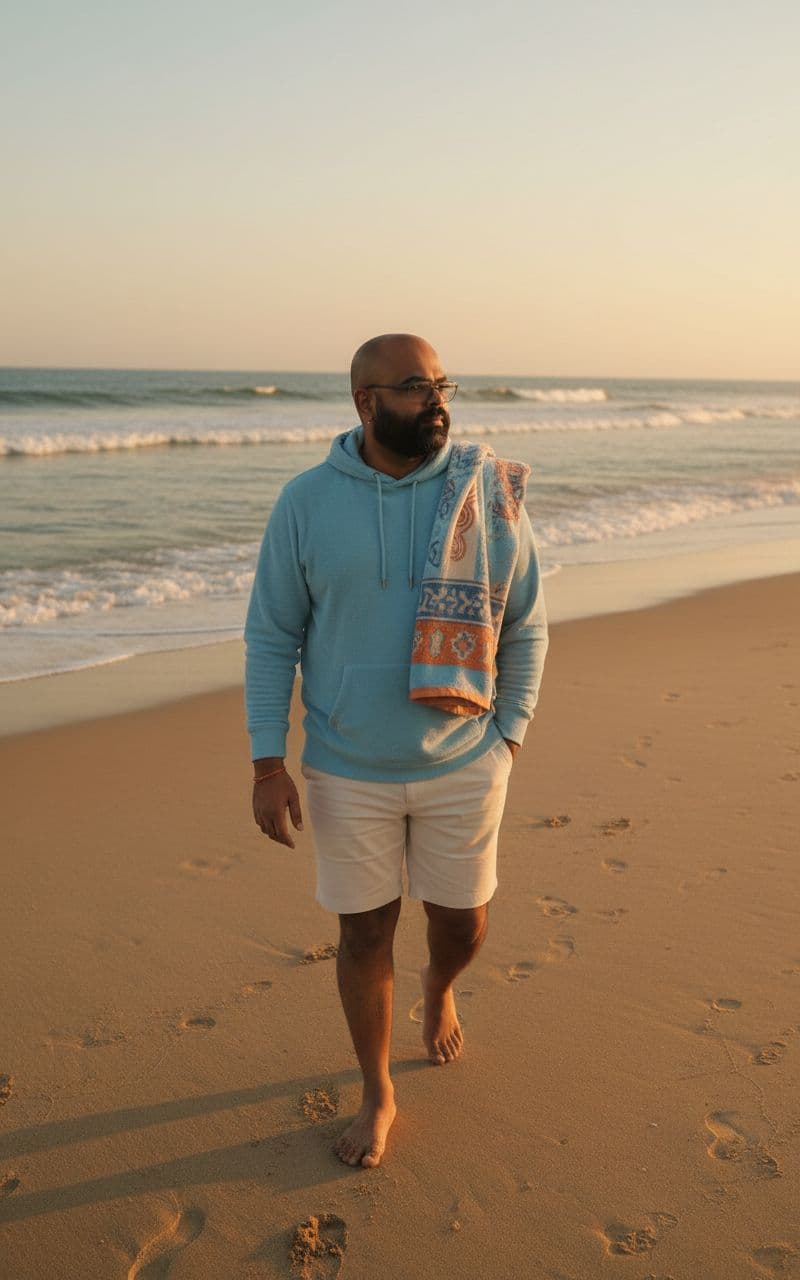 AI generated: Subject: A relaxed late-20s man. Clothing: Light blue terry cloth hoodie, tailored cream-colored sho...