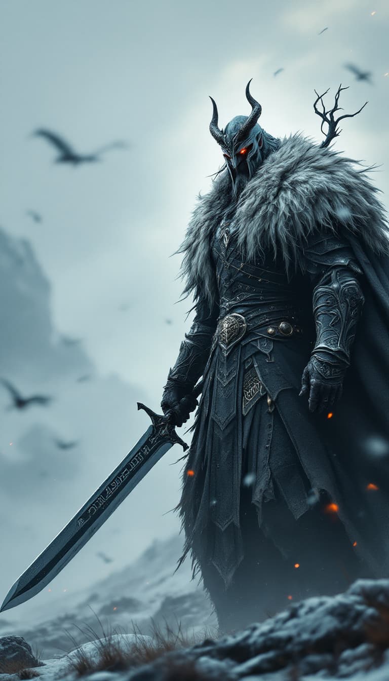 AI generated: An ultra-realistic, zoomed out, front facing full-body portrait of a towering Berserker, his fur-lin...