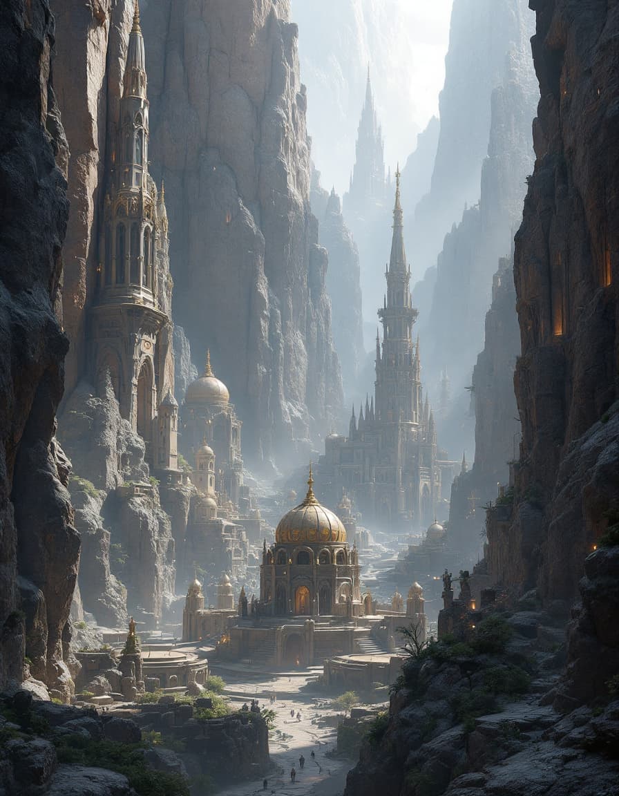 AI generated: stunning city of stone inside a gray granite canyon, fusion of star wars and gothic revival architec...