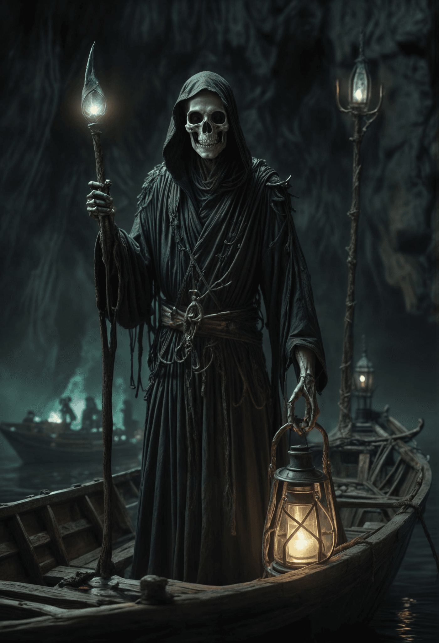 AI generated: Grim Reaper, green lights, blue flames, souls and ghosts, styx, stands in a nautical-themed underwor...