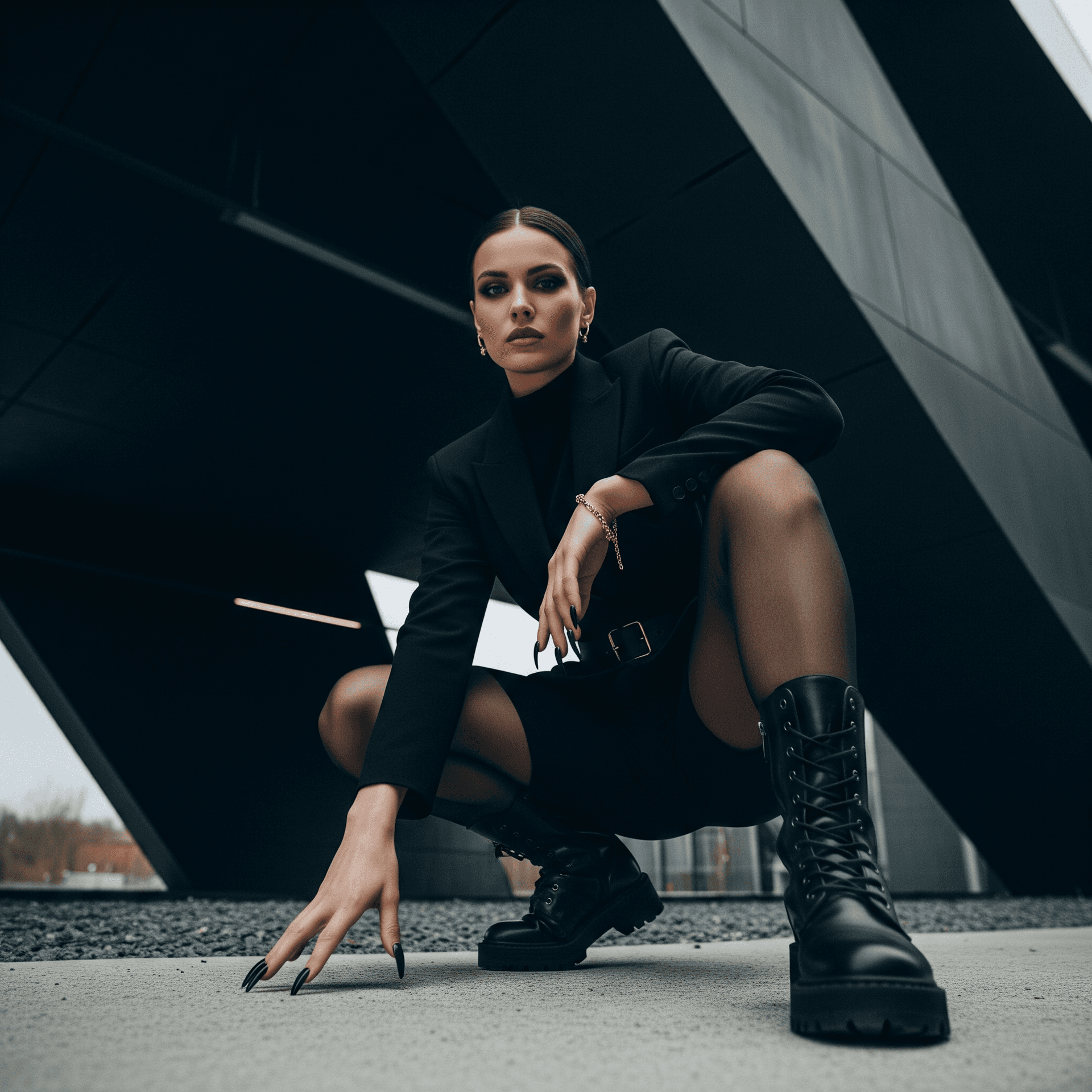 AI generated: Dramatic photo of a mysterious woman in a black outfit, squatting low. She is looking straight at th...