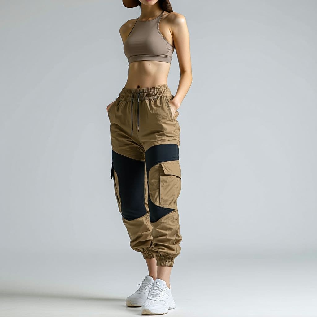 AI generated: A stylish athletic fashion photograph: A person photographed from mid-thigh up, wearing a brown base...