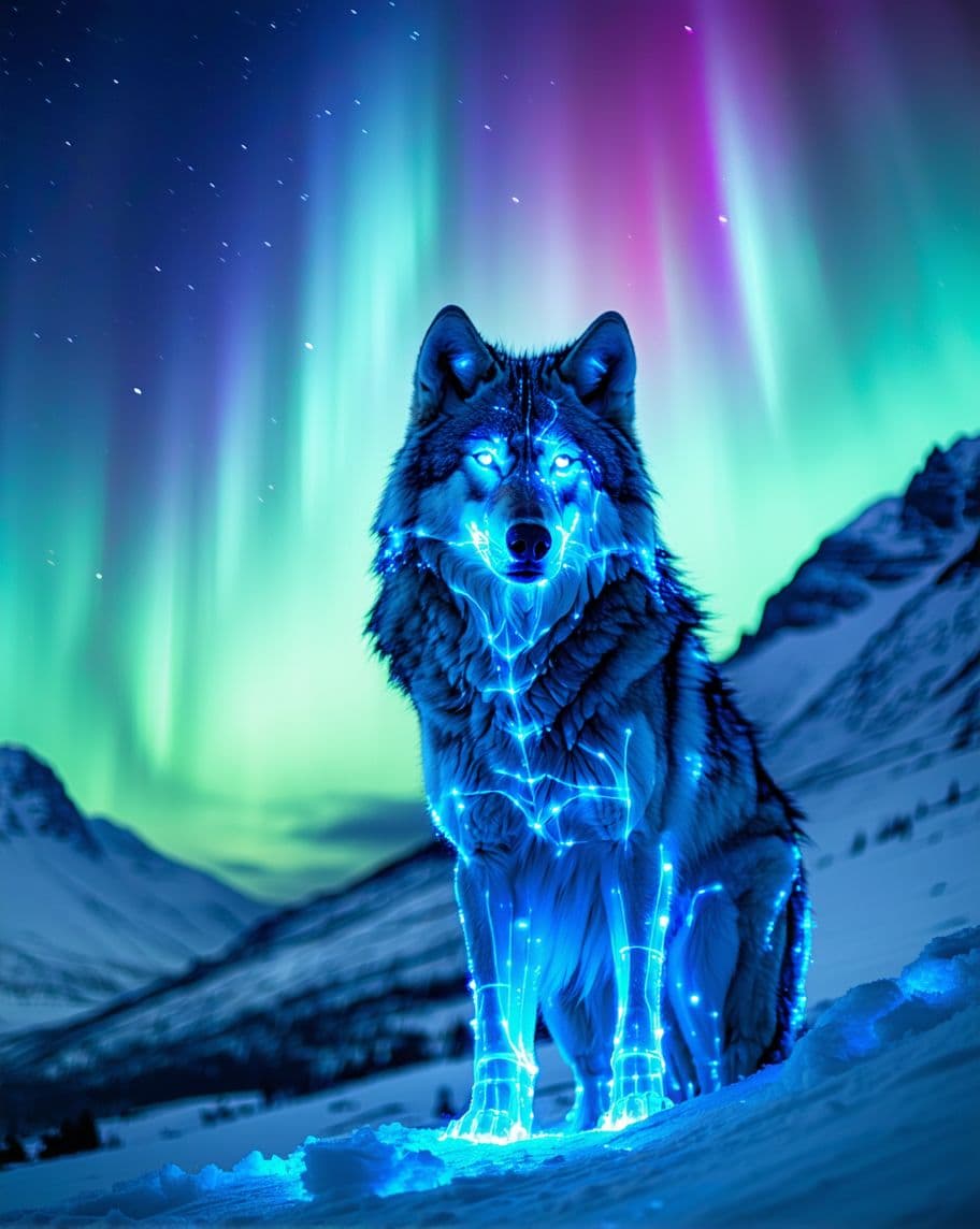 AI generated: "A mystical wolf with glowing blue fur, eyes shining like the Northern Lights, standing on a snowy m...