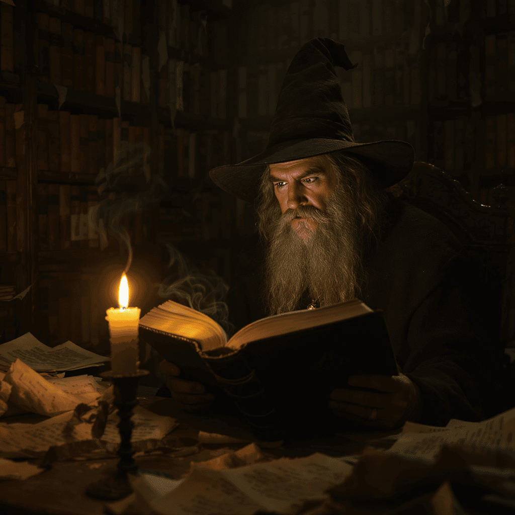 AI generated: A solemn Wizard, his face illuminated by the flickering light of a single candle, poring over a mass...