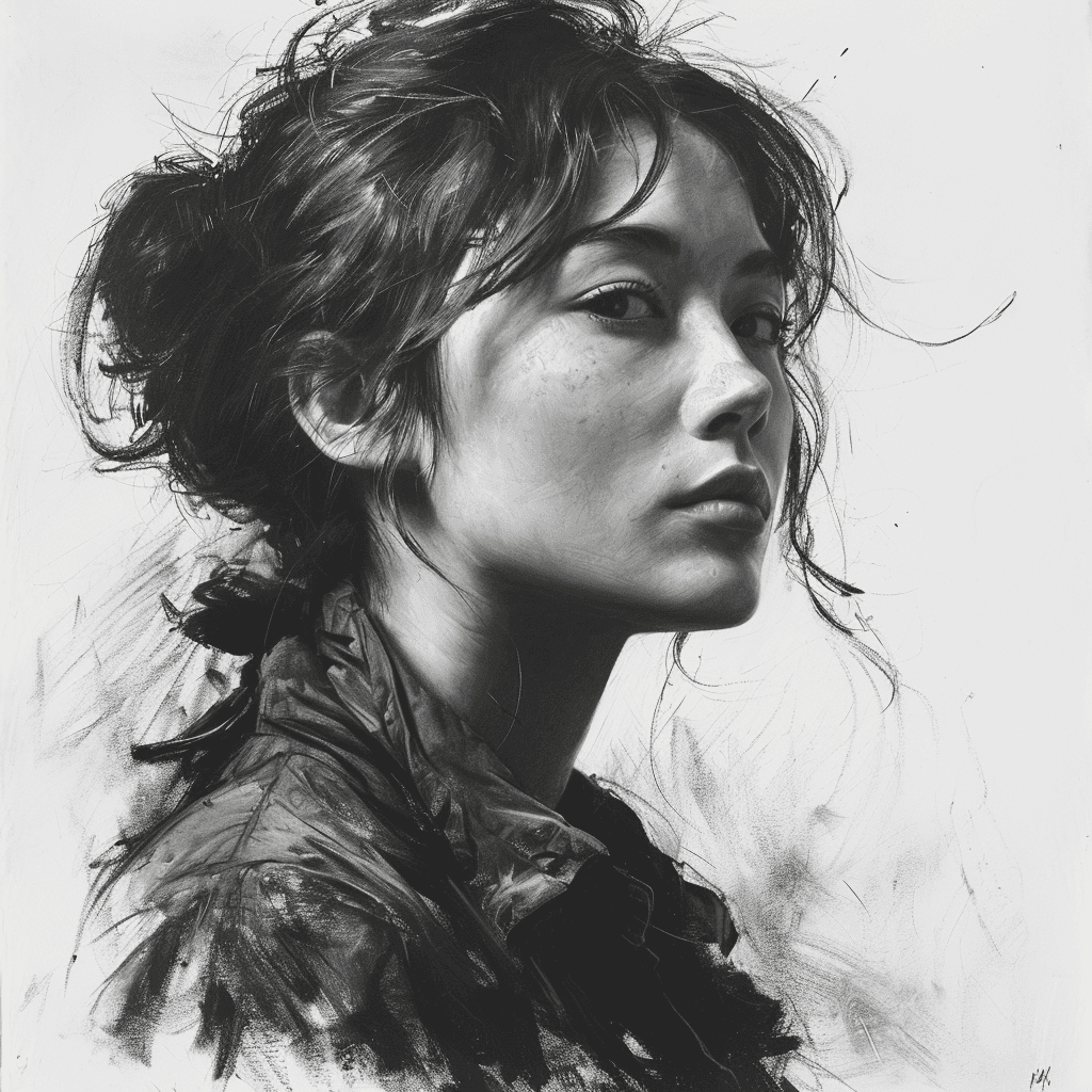 AI generated: charcoal drawing by Odilon Redon, sketch portrait, face only, an absolutely gorgeous petite Japanese...
