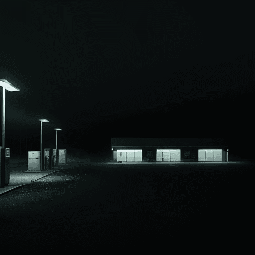 AI generated: Wide open area, woods, dark sky, illuminated gas station, empty parking lot, lights on, no one home,...
