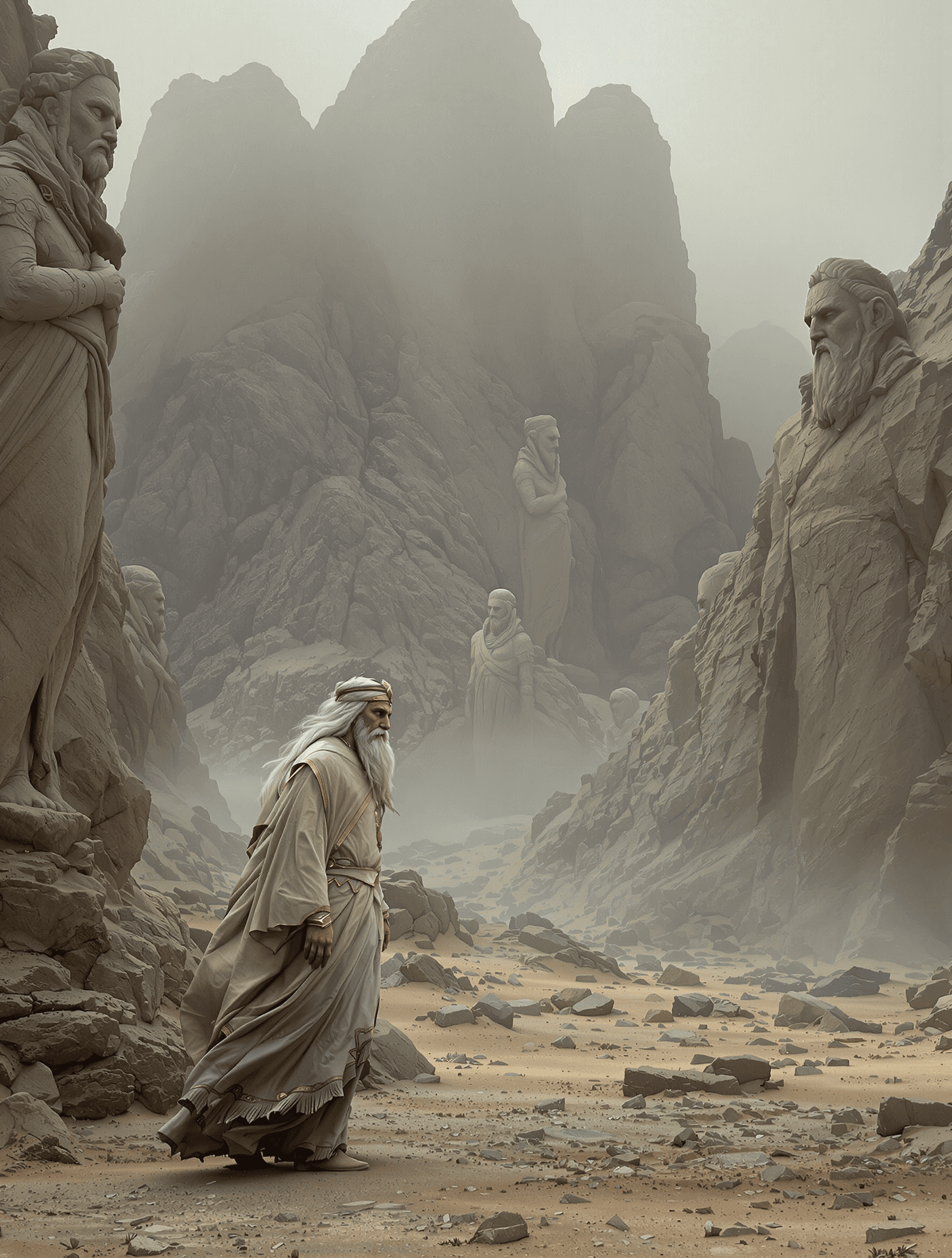 AI generated: /Artprompt Sci-fi, an (ancient looking man:1.3), who looks (like a Prophet from Biblical times:1.5),...
