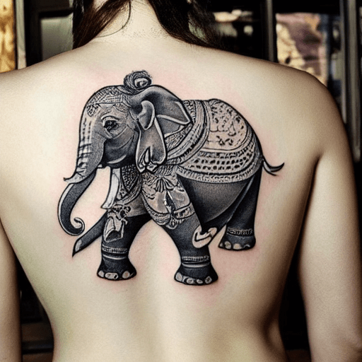AI generated: TATTOO, ON THE BACK, ELEPHANT, ARMOR, PERSIA, GREECE