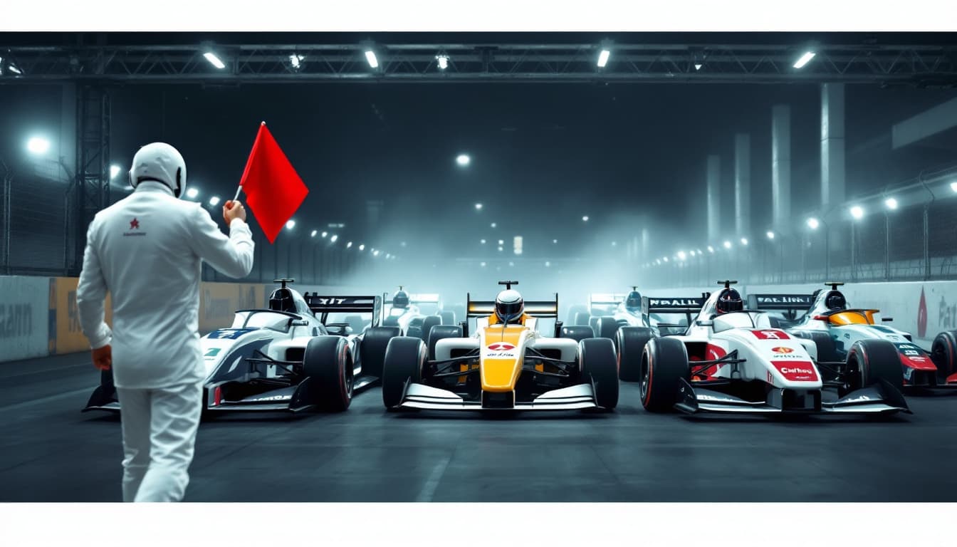 AI generated: At the starting line there are 5 racing cars - cars with different club logos.     The camera looks ...