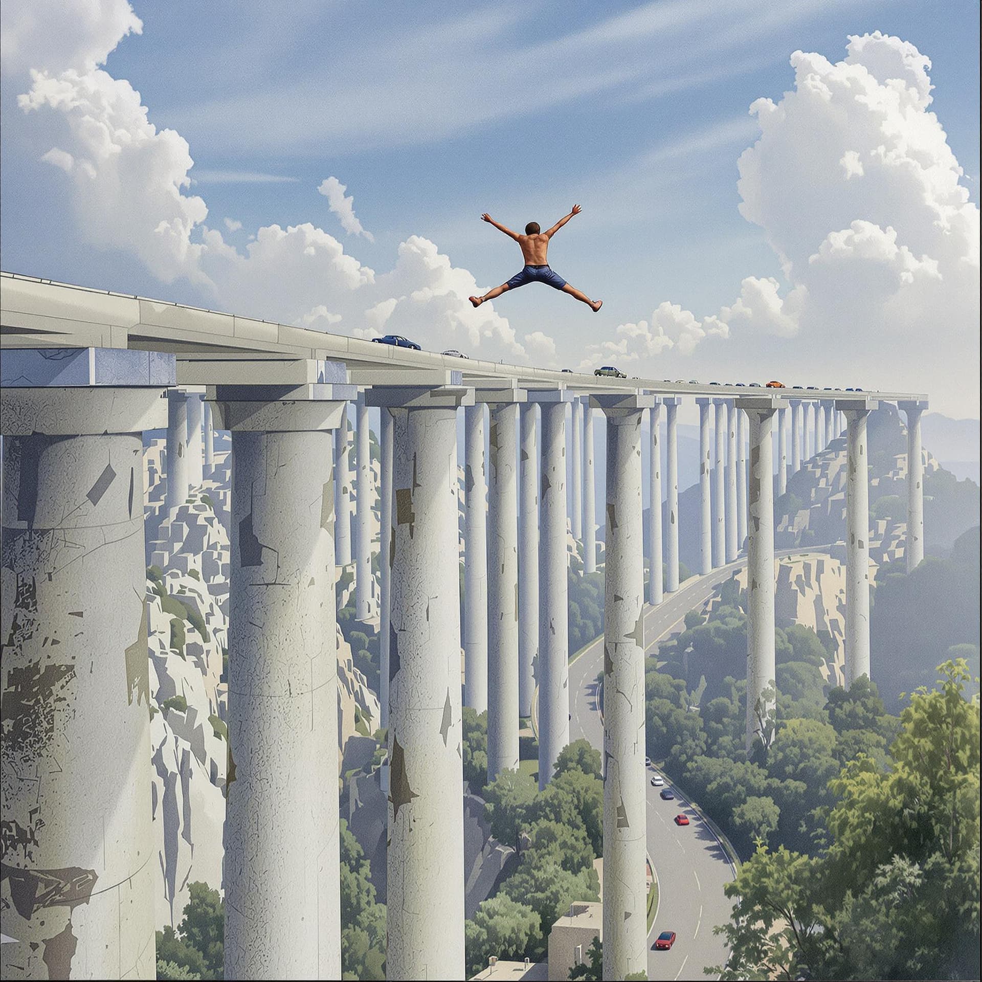 AI generated: draw a child is , he performs jumps, climbs and acrobatics with astonishing fluidity: over several c...